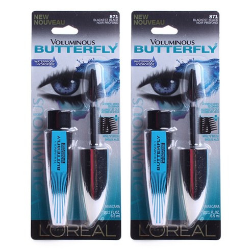 로레알파리 볼류미너스 버터플라이 마스카라 워터프루프 6.5ml, Blackest Black, 2개