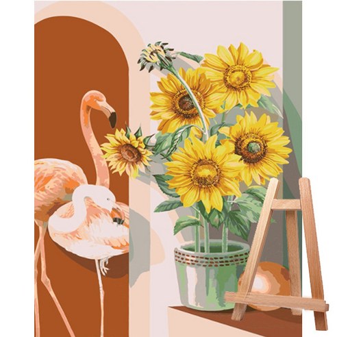 리빙듀오 DIY 쉬운 명화 과일 꽃 동물 해바라기 풍경 인물 유화그리기 세트 중형 40x50 나무 이젤 중형, A-230 홍학과 해바라기 + 나무 이젤 중형