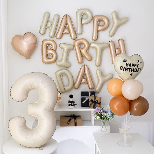 지에이엠 럭스 크림베이지 숫자 호일풍선 생일레터링 시트지 생일 파티용품 세트, 1세트, 숫자3번