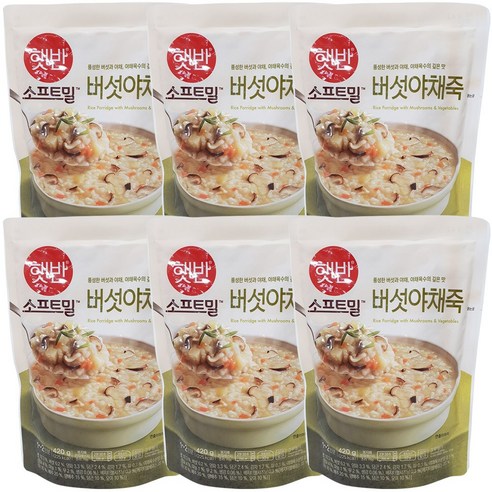 햇반 소프트밀 즉석죽 버섯야채죽, 420g, 6개