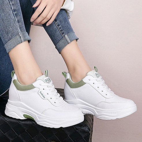 도오빠 아머론 여성 소가죽 키높이 스니커즈 하이힐 7CM 로우탑 운동화 화이트그린 여자운동화 여자스니커즈 스포츠