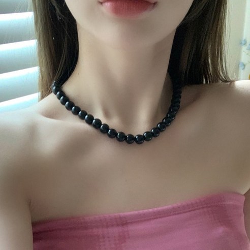블링살롱 국내제작 블랙 6mm 10mm 왕 구슬 비즈 원석 오닉스 여성 목걸이 볼 포인트 레이어드 네크리스 2사이즈