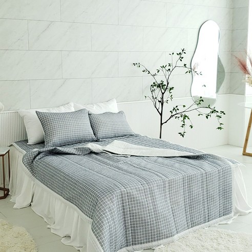 이불팩토리 시원한 인견 시어서커 여름 양면 누빔 차렵 이불+고정밴딩 침대 패드+배게 커버 풀세트  수퍼싱글 // 퀸 