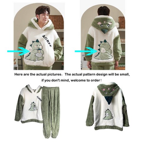 [SW] 커플 잠옷 세트 여성 남성 겨울 두꺼운 잠옷 잠옷 만화 공룡 한국 연인 Homewear 부드러운 따뜻한 Pijama 후드