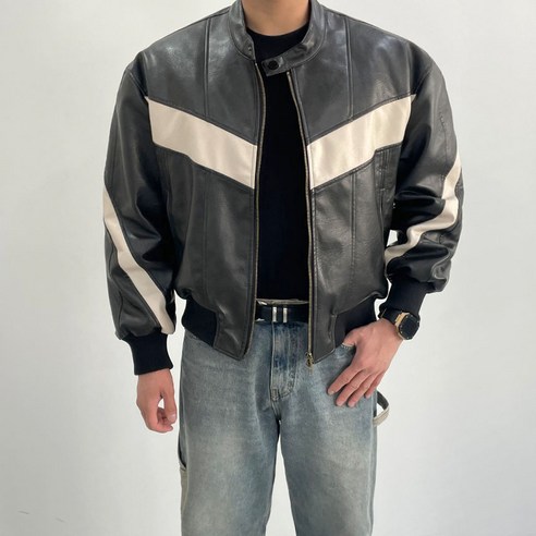 Y2K 패션의 필수 요소인 남성 블루종 투웨이 비건 레더 레이싱 바이커 자켓