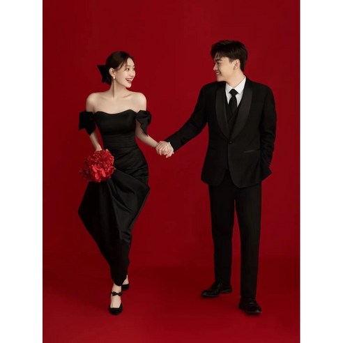 셀프 웨딩 드레스 오프숄더 리본 원피스 블랙 이브닝 피로연 2부 웨딩촬영 약혼식 파티복