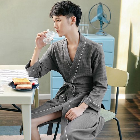 DFMEI-Y 호텔 커플 잠옷 여성 긴 면화 목욕 가운 남성 얇은 와플 잠옷 피부 친화 흡수성 빠른 건조 목욕 가운, M 적합 [80-120 진], DFMEI 회색 []