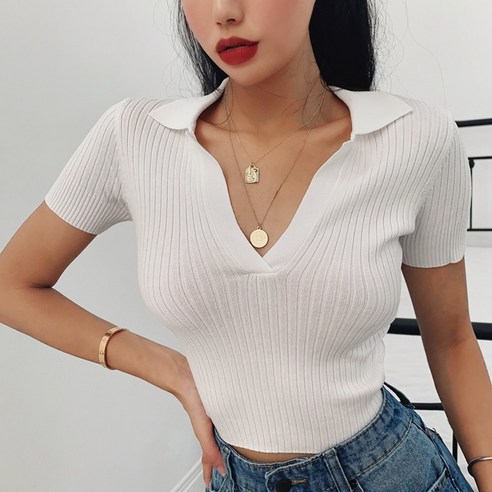 무지 브이넥 카라 니트 여성 반팔 크롭티