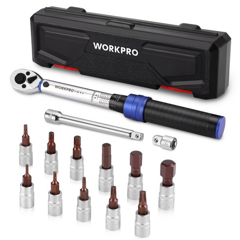 WORKPRO 1/4인치 토션렌치 케이스+13개 액세서리 자전거 수리 렌치 2-26N.m (헥스 비트 소켓 8pcs+Torx 비트 소켓 3pcs+1/4"X3/8" 소켓 어댑터), 1세트