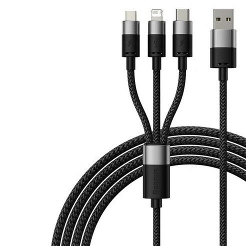 베이스어스 1 포 3 고속 충전 데이터 케이블 USB 투 M + L C 3.5A, 1개, 1.2m, 블랙