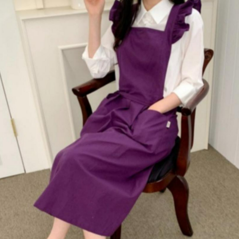 까사코지 린넨 롱프릴 원피스형앞치마, 퍼플