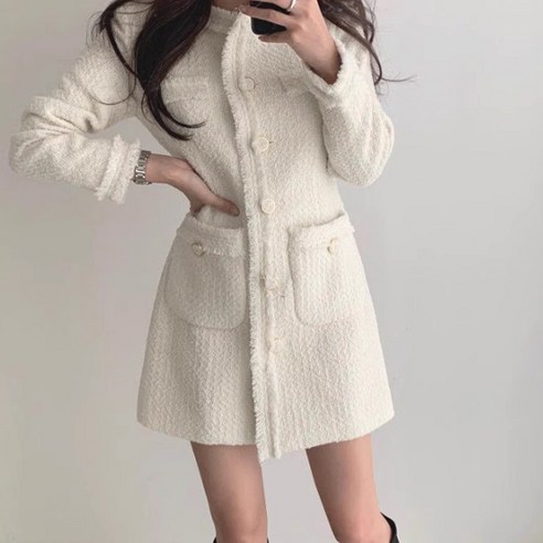 기타 랜덤플레이 여성 트위드 롱 버튼 수술 원피스 자켓 A라인 아이보리 FREE