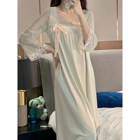 복고 궁중풍 네모난 칼라 롱 슬립스커트 스타일 2022년 순수한 잠옷 여성 홈웨어 풍