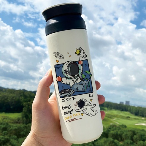 우주 비행사 우주 창조적 인 보온병 학생 간단한 우주 비행사 하이 생긴 스테인레스 스틸 진공 컵, BW5125 우주 비행사, 500Ml 플랫 커버 컵