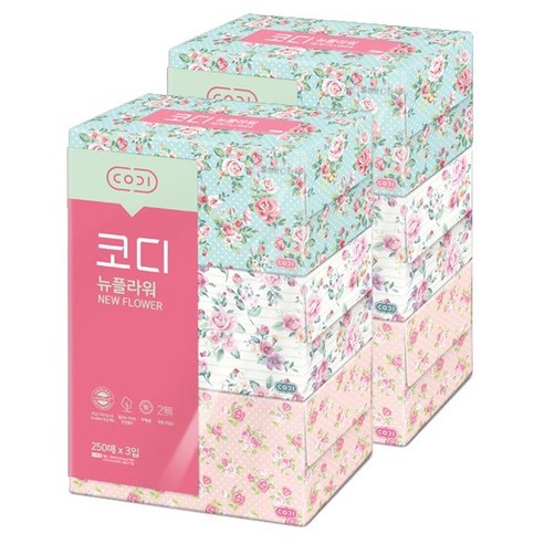 코디 뉴플라워 천연펄프 미용티슈 250매 3입 2팩