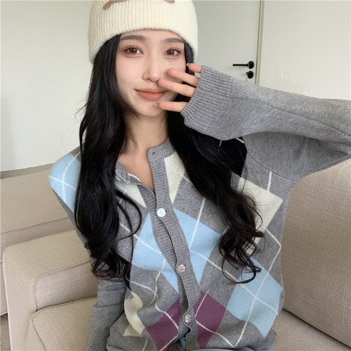 오르네트 여성 아가일 패턴 울 니트 가디건