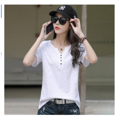 뉴욕갬성 여름 여성용 빅사이즈 화이트 브이넥 반팔 티셔츠