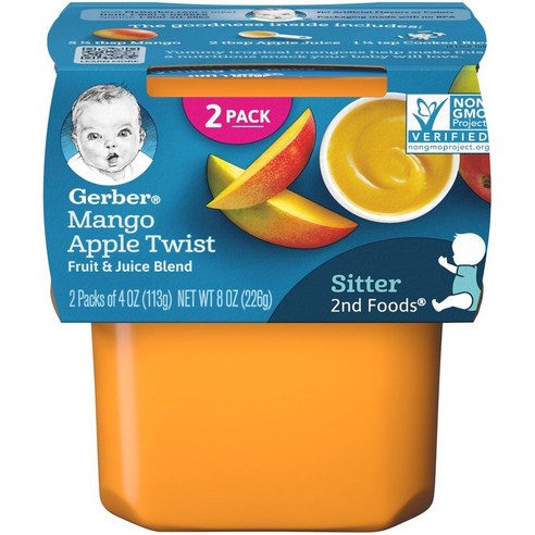 Gerber 2단계 어린이 식품 113g 2개입, 망고 애플 트위스트(Mango Apple Twist), 226g, 1개