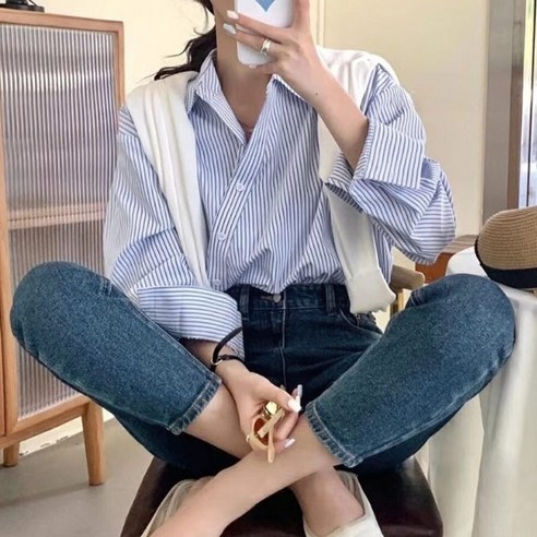 사선버튼스트라이프셔츠 빅사이즈 카라셔츠 오버핏 긴팔셔츠 남방 단가라 스트라이프 루즈핏 롱