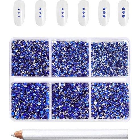 Beadsland(비즈랜드) 네일 아트 공예용 7200PCS 플랫백 라인석 세트 왁스 펜슬 1개 혼합된 6가지 크기 SS3-SS10, 7200개, 사파이어