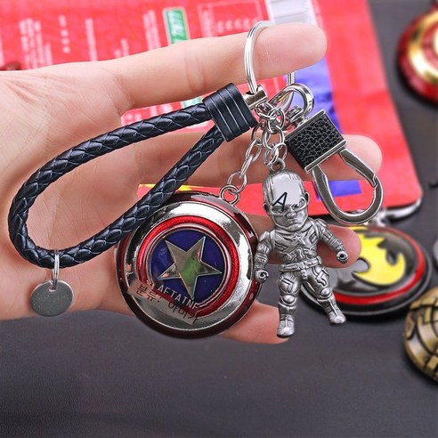 Hengyang Marvel 아이언맨 열쇠고리, 은리더+은방패+검은 줄+가죽 단추