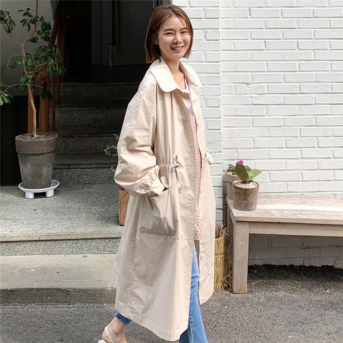 YY 윈드 여성 무릎 긴 봄과 가을 새로운 한국어 스타일 패션 조절 벨트 느슨한 코트