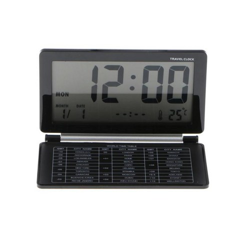 자동 접이식 LCD 디지털 대형 화면 여행용 책상 알람 시계 w/시간/달력/온도 디스플레이 블랙, 설명