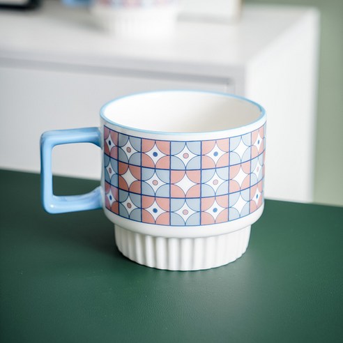 ShenghaoNet red ins wind 북유럽 세라믹 우유 마크 스태킹 컵 아침 식사 크리 에이 티브 가정용 물 컵 간단한 커피 컵, 라이트 블루 패턴 스택 싱글 컵, 301-400ml