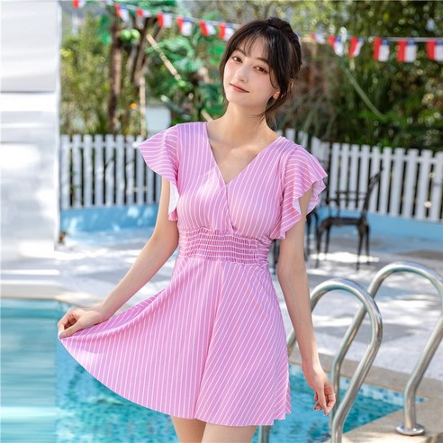 DFMEI 수영복 여성의 새로운 온천 리조트 원피스 스커트 슬리밍 수영복, DFMEI 핑크색