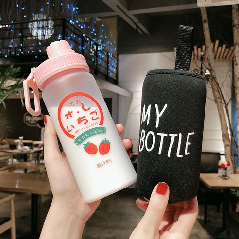 [LM] 500ml 플라스틱 물병 투명/반투명 병 귀여운 물병 카톤 딸기 물병 전화 스탠드 휴대용, 17_500ml