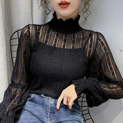 한수위 레이스 블라우스 시스루 여성 티셔츠