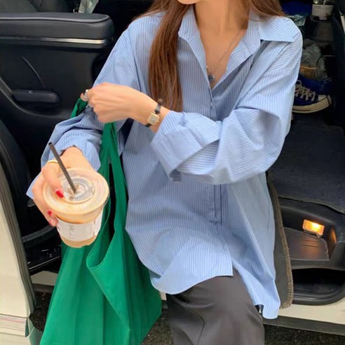 KORELAN 봄가을 스트라이프 셔츠 여성 디자인 미니멀 탑 슬림해 보이는 마린룩 셔츠