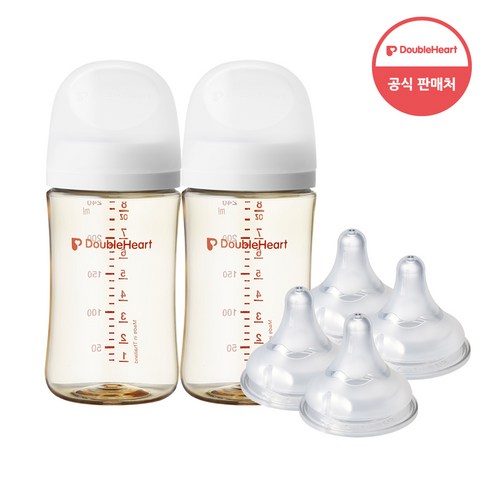 더블하트 모유실감 3세대 PPSU 베이직 트윈팩 240ml+젖꼭지(4입), 제뉴인화이트 240ml 트윈팩, 3세대 젖꼭지S (4입), 240ml, 화이트