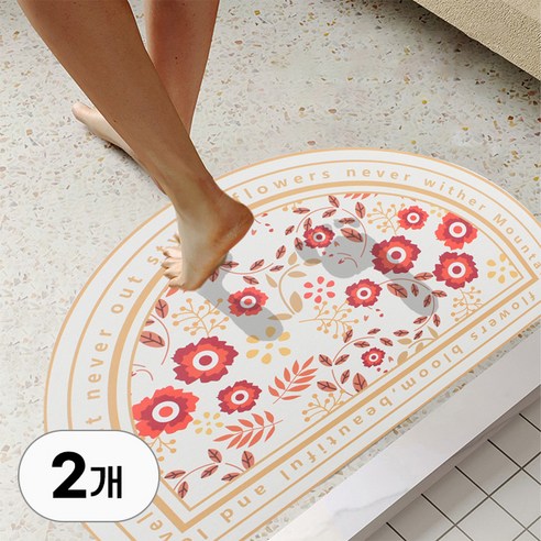 1+1 빨아쓰는 규조토 발매트 세트 플라워 패턴 폭신 물흡수 매트 인테리어 발판 받침 반원형 타원형 현관 욕실 주방 화장실 소품, 2개입, R99717B(반원형 오렌지플라워, 1세트