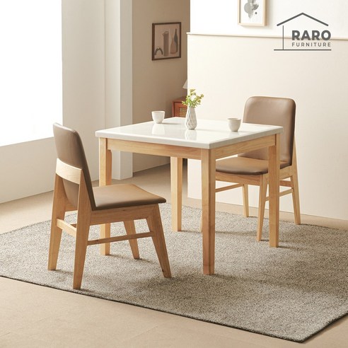 라로퍼니처 루아 800 천연 대리석 2인 식탁 세트 원목 테이블, 화이트(상판) 내추럴(다리)++의자 (브라운 방석, 내추럴 다리)