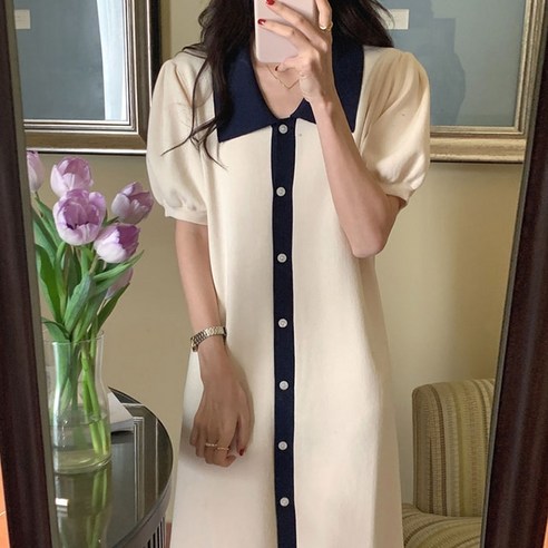 여름 휴가 원피스 세련된 프렌치 젠틀 라펠 캐주얼 퍼프 슬리브 롱 드레스 여성용 대비 색상 싱글 브레스트 루즈핏 스타일 이프네원피스