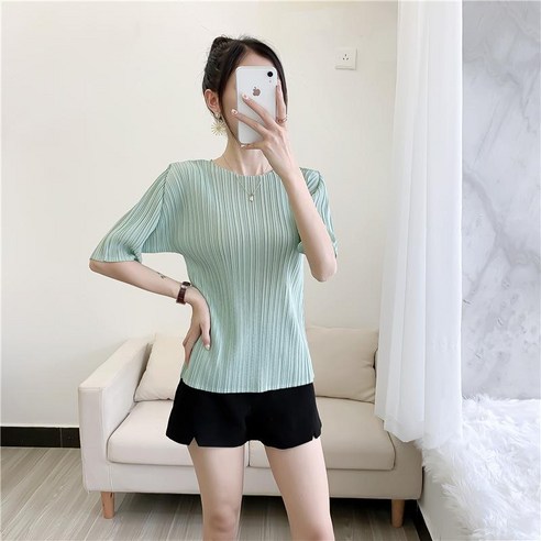 플리츠 플리즈 이세이 미야케 할머니패션 주름 티셔츠 여름 쿨 블라우스 a1