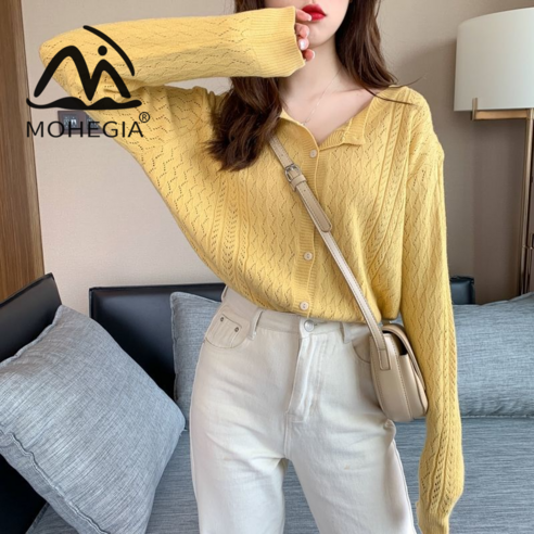 MOHEGIA 짧은 니트 카디건 봄 패션 느슨한 긴 소매 탑
