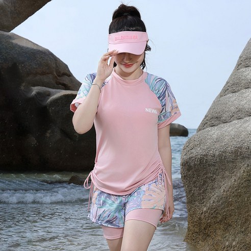 탑트레일 여성 빅사이즈 반팔 수영복 투피스 수영복 체형커버수영복, 핑크