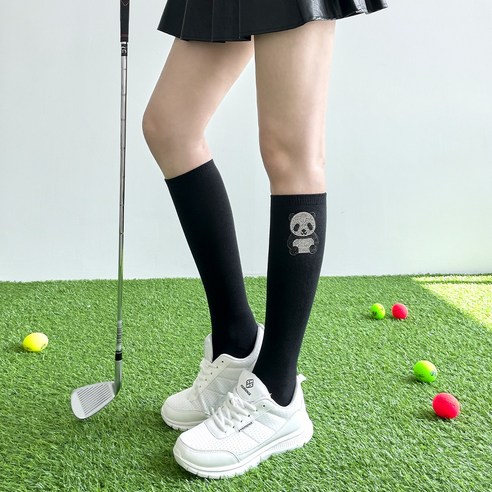 두꺼운 쿠션 팬더 장식 골프니삭스 스포츠 푹신한 여자 여성 골프 양말 니삭스, 블랙, 1개