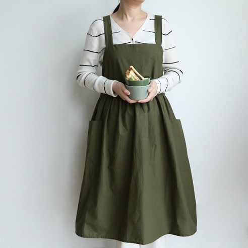 ZZJJC 주방 앞치마 순색 방수 방모 앞치마 심플 오버사이즈 면 등받이를 넓히고치마, 올리브그린
