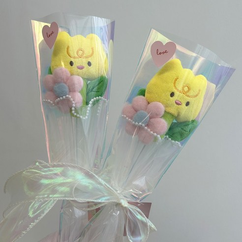 귀여운 인형꽃다발 튤립인형 꽃 한송이 꽃선물 인형꽃선물, 1세트, 옐로우+옐로우
