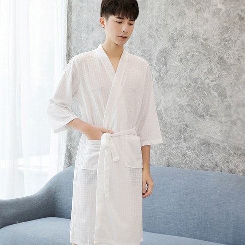 DFMEI-Y 커플 잠옷 남자 봄과 가을 얇은 목욕 가운 여성 호텔 아침 가운 중간 길이 대형 와플 흡수성 잠옷, M 70-140kg, DFMEI 스노우 화이트 남성