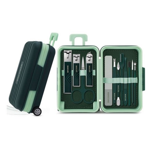 귀여운 캐리어 디자인 손톱깎이 12종 세트 Manicure Set of 12, 1개, 그린