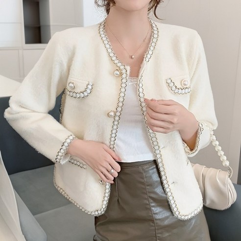 배색 트위드자켓 봄 겨울 하객룩 글리터 펄 니트가디건