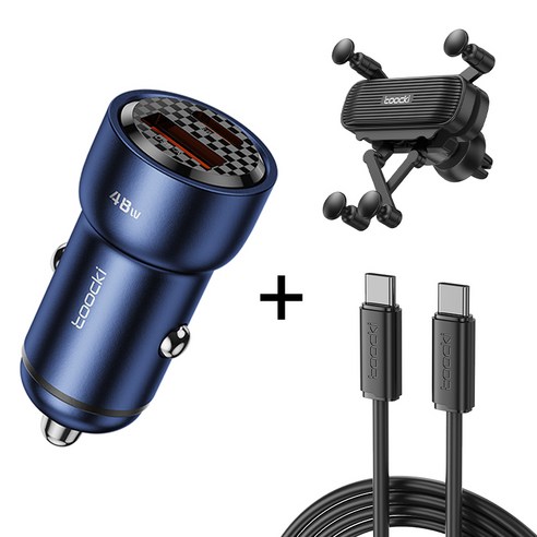 Toocki 48W USB-C+USB+A 듀얼 포트 고속 차량용 충전기, 블루(거치대와 케이블 포함)