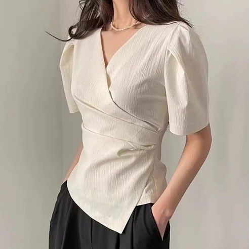 유니온 여성 언밸런스 프렌치 셔링 반팔 셔츠