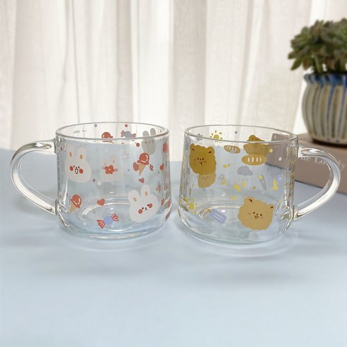 swishery 내열 유리 머그컵 350ml 2개, 토끼 컵+곰 컵