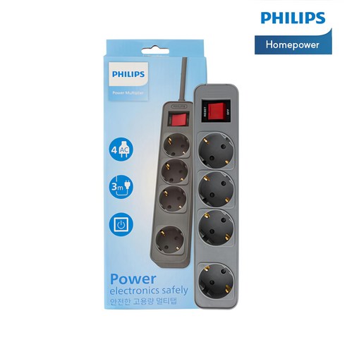 필립스 올그레이컬러탭 4000W 고용량멀티탭 과부하차단, 3m, 올그레이 4구, 1개