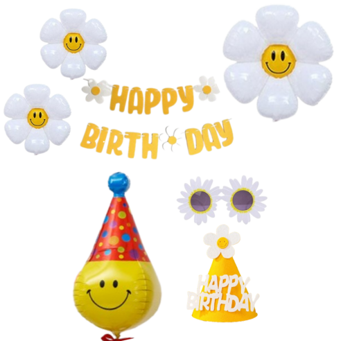 연지마켓 생일파티 용품 세트 데이지 풍선 생일 가랜드 안경 고깔, 1세트, 17)옐로우 스마일 고깔은박